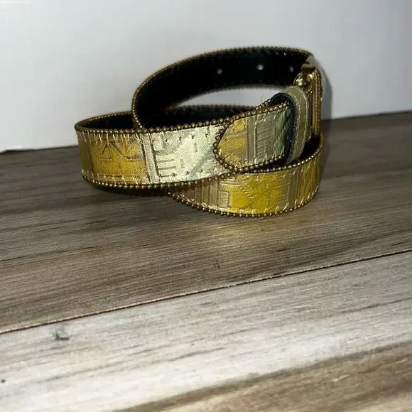 Elite Fresno California Vintage Belt Medium Multicolor Metallic Hieroglyphs Gold